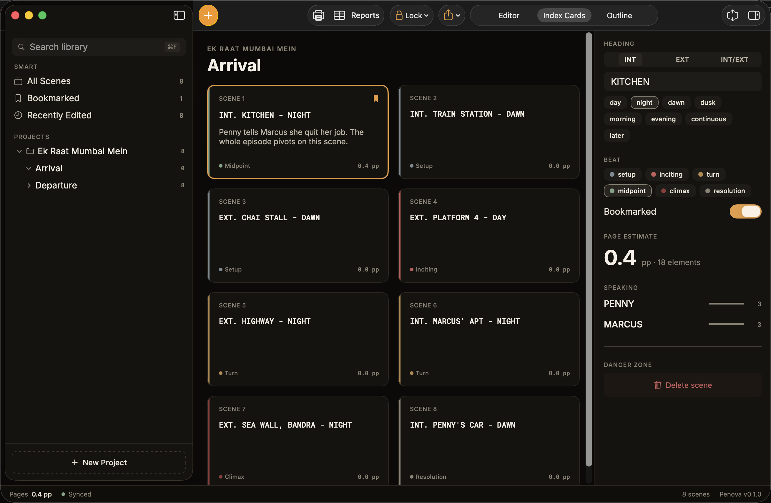 Penova index cards view — eight scene cards laid out as a beat board