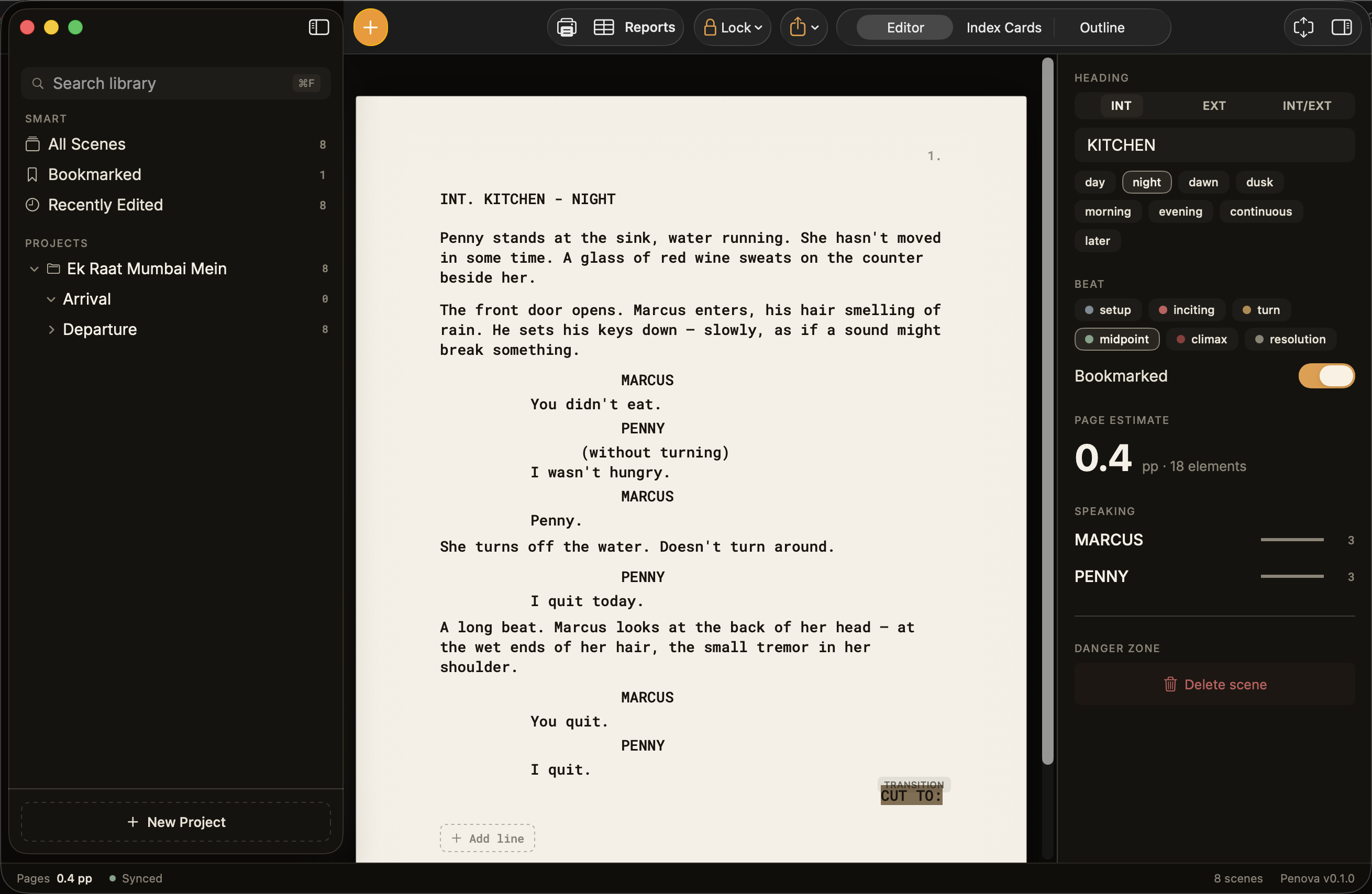 Penova for Mac — three-pane editor with cream-paper script in the center, project sidebar on the left, and scene inspector on the right