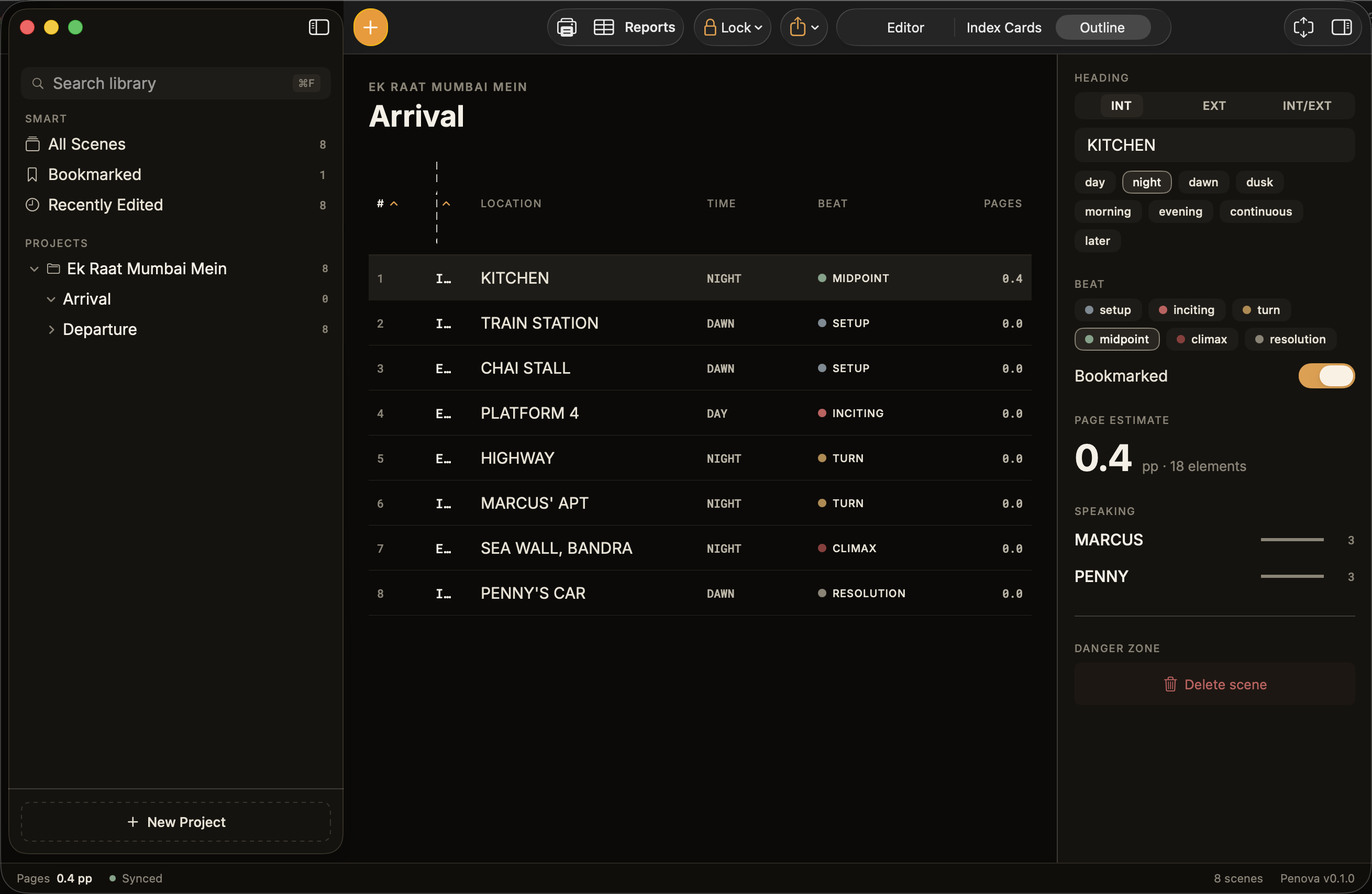 Penova outline view — sortable table of every scene with location, time, beat, and page count
