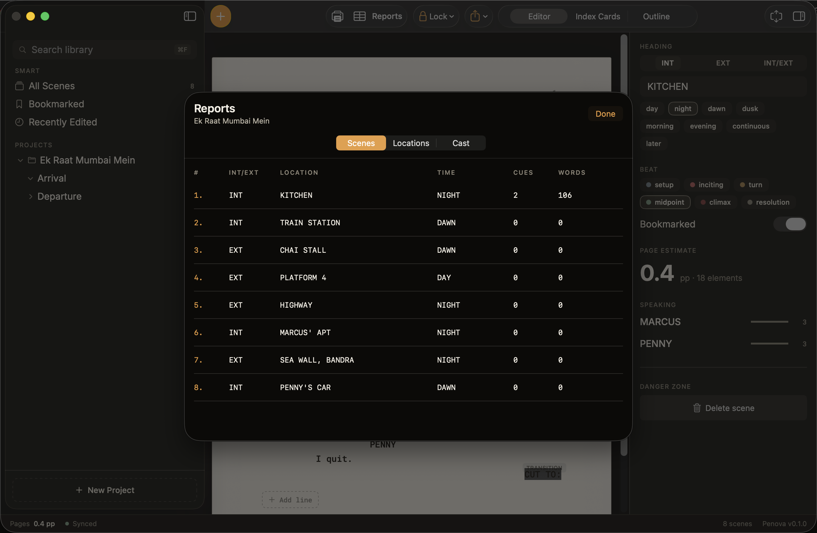 Penova production reports — scene table with INT/EXT, location, time, cues, and word counts